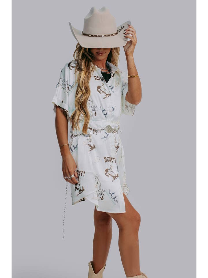 White MK648 Cowgirl Satin Shirt Romper Dress for wholesale on Faire