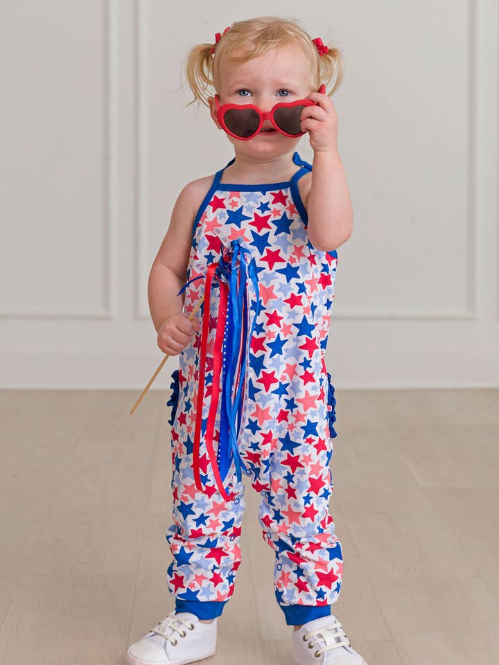 RuffleButts + RuggedButts - Wholesale Romper - Kids - Baby Girls Star-Spangled Tie Full Length Romper