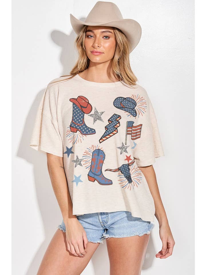 Vanilla Monkey - Wholesale T-Shirt (Graphic) - Women's - America Boots Star Glitter Short Sleeve Top