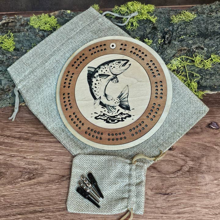 Mini Travel Cribbage Board - Trout Design - Fisherman Gift for wholesale by Rising Joy Creations-Nature Inspired Wood Art