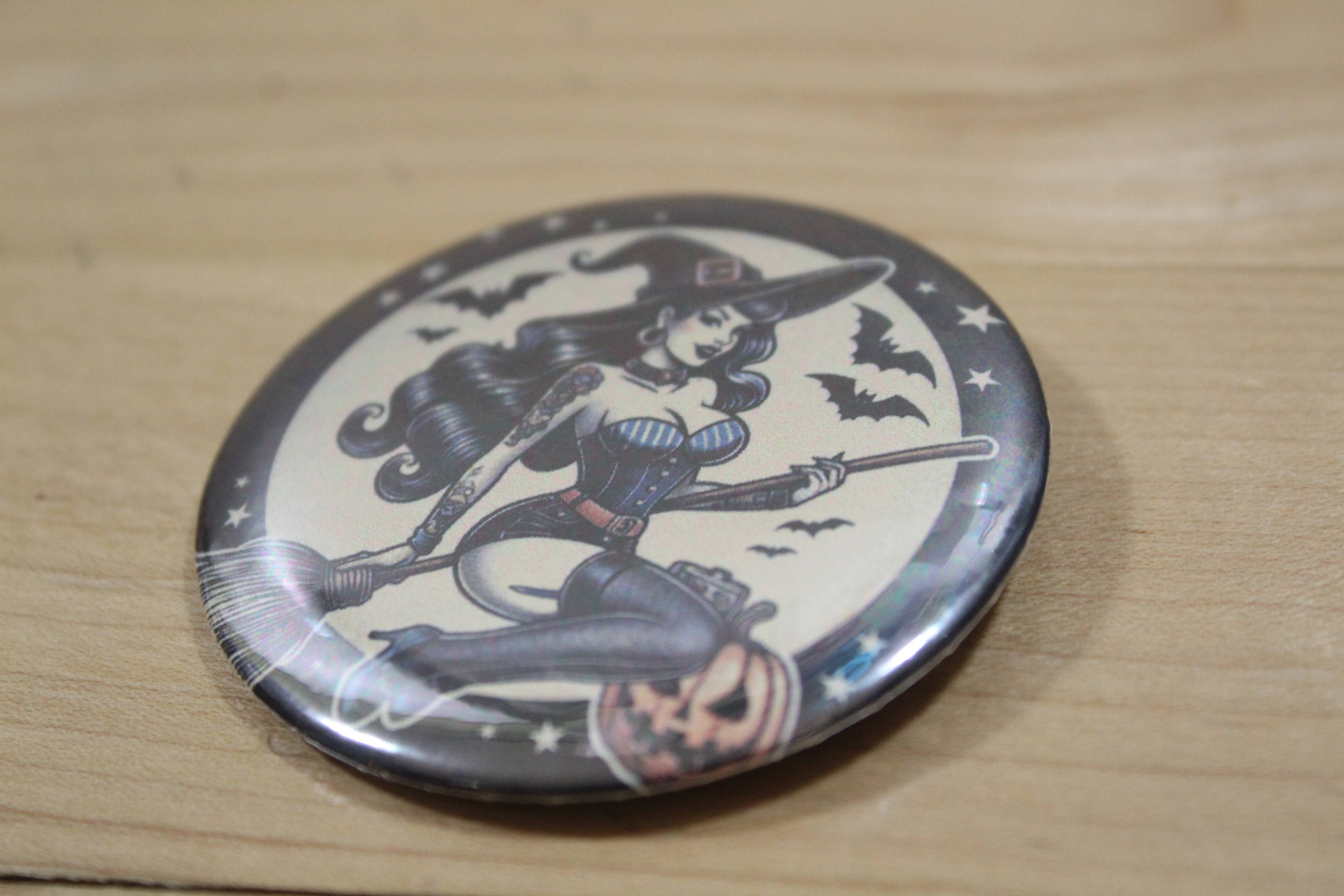 Raven Design - Wholesale Lapel Pin/Button - Gothic Witch Riding Broom metal backed button 2.25 inches 1