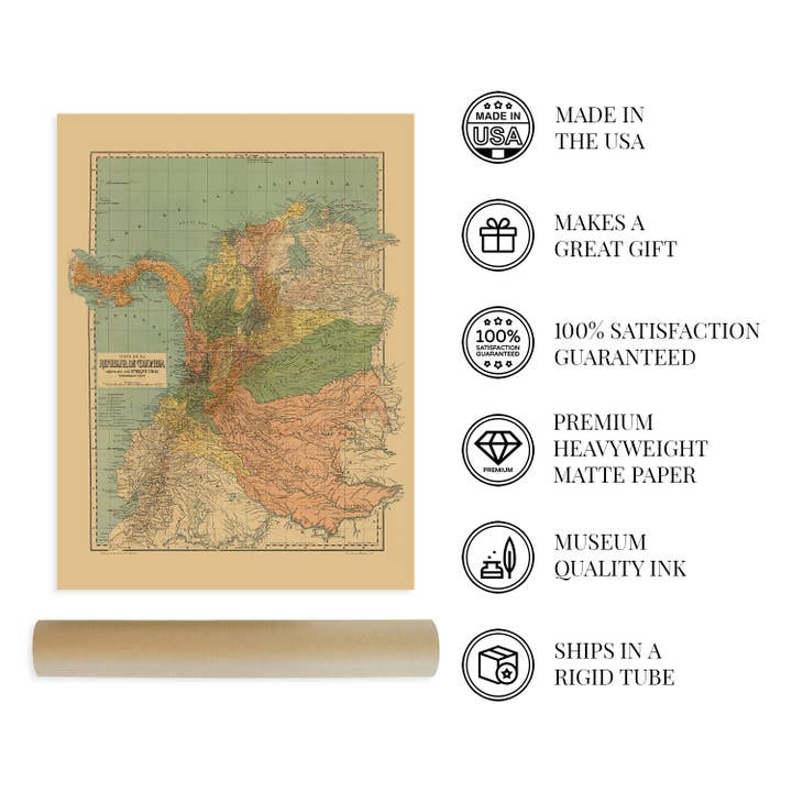 Historic Prints - Wholesale Map - 1911 Map of Colombia South America - Old Wall Art Map of Republic of Colombia - History Map of Colombia Poster