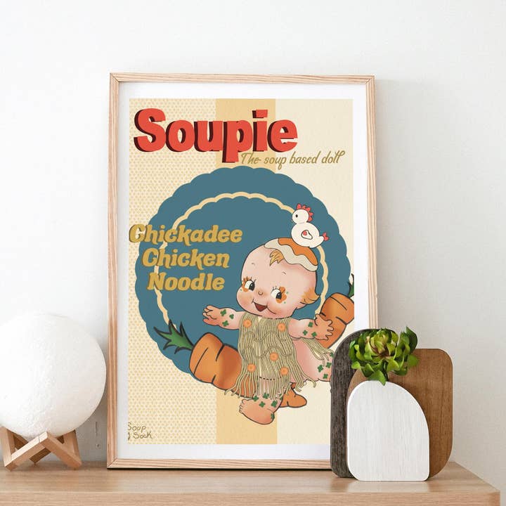Soupie doll: Chick a Dee chicken noodle A4 print for wholesale by Sock Soup