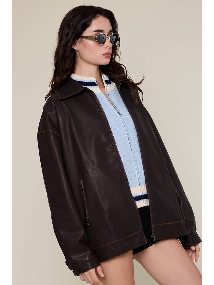 Sky to Moon - Wholesale Leather Jacket - Women's - FAUX LEATHER COLLARED OVERSIZED CASUAL JACKET6