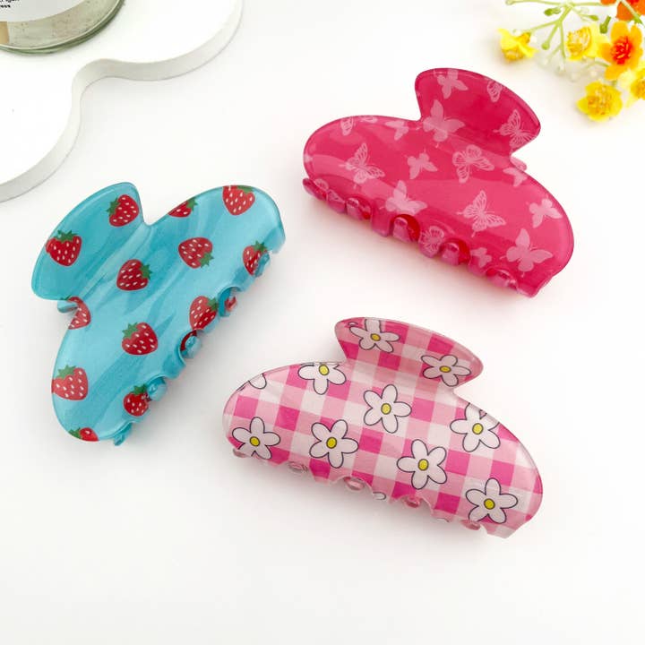 🍓 Gancho de Cabelo com Estampa Floral de Frutas – Clássico Clip de PVC 🌼 por atacado de mildstyles