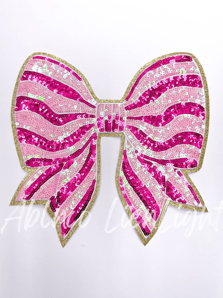 Pink Stripe Valentines Sequins Big Bow Patch for wholesale by ABLNco