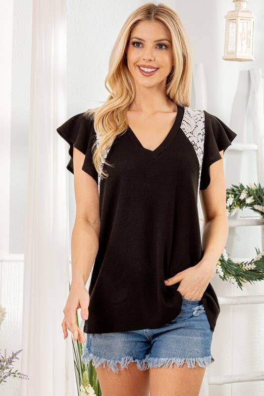 HEIMISH - Vendita all'ingrosso Camicetta - Donna - ST2206-10 TOP TINTA UNITA A MANICHE CORTE CON VOLANT E PIZZO0