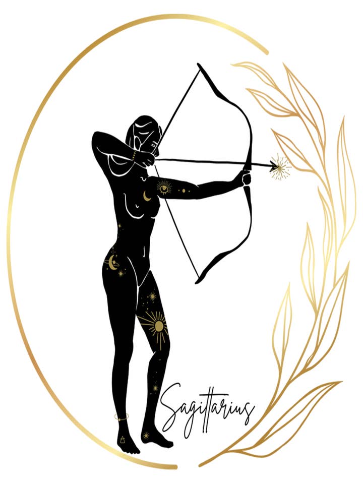 TIRAGE D'ART EN FORME DE ZODIAQUE SAGITTAIRE EN FORME DE FEUILLE D'OR POUR FILLES, 8 X 10 pour la vente par Soraya Moon Co.