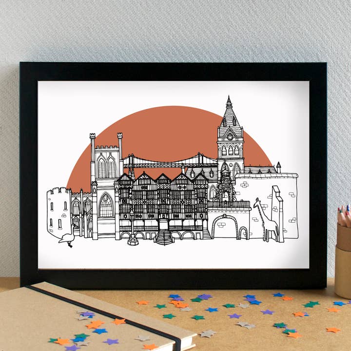 Chester Skyline Landmarks Art Print - unframed for wholesale by Becka Griffin Illustration