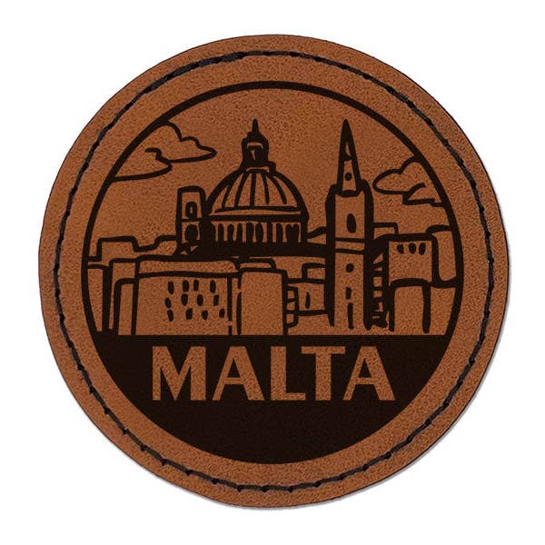 Malta Skyline Country Destination Travel Landmark Round Iron-On Engraved Faux Leather Patch Applique - 2.5 Inch - Brown for wholesale by Sniggle Sloth