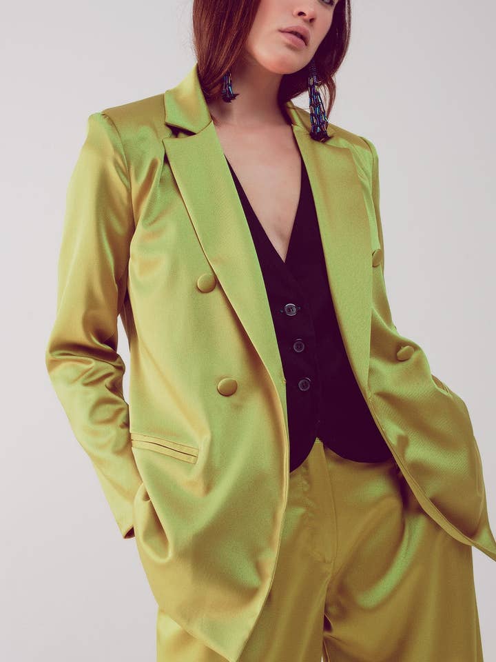 Satin tailored double breast blazer in lime for wholesale by Q2—All Orders:Free Duties for the US,UK,and Canada