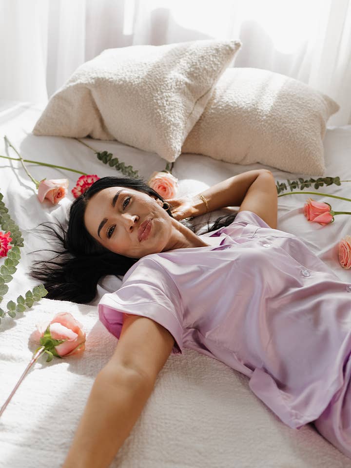 Spikes and Seams - Wholesale Sleepwear Set - Women's - Lavender Pajamas, purple satin pajamas, luxe silky pajamas2