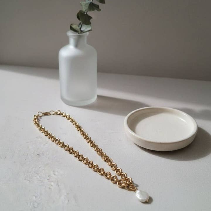 Bold Orbit Necklace Chain Large Link 18K Gold and Handmade Keshi Baroque Pearl for wholesale by OE!