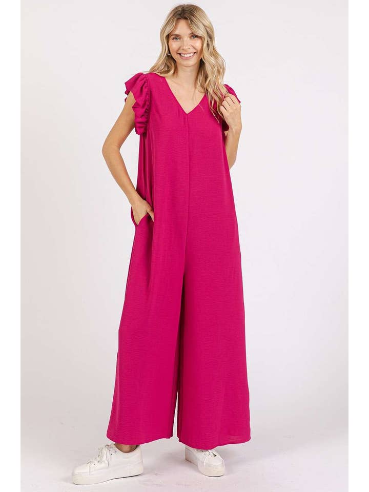 mittoshop - Wholesale Jumpsuit - Women's - AIRFLOW V-NECK RUFFLE SLEEVE WIDE LEG JUMPSUIT