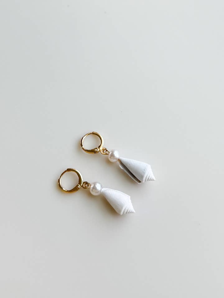 Seashell and Pearl Huggie Hoop Earrings, 18K Gold Filled for wholesale by Ostella