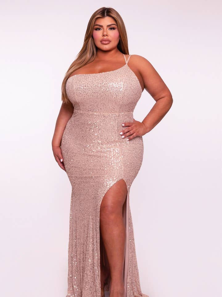 CHAMPAGNE P2166P1_DOUBLE STRAP HIGH SLIT SEQUINS DRESS for wholesale on Faire