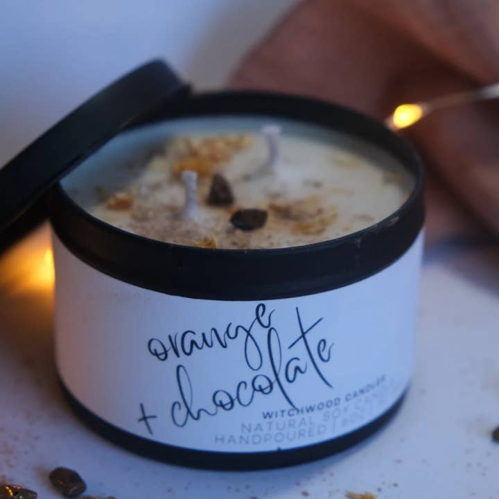 Chocolate Orange scented soy candle, matte black tin for wholesale by Witchwood Candles