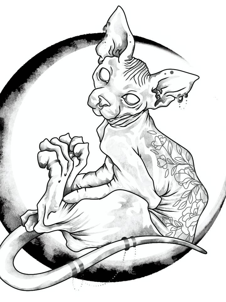 Tattooed Sphynx Cat on a Moon Glossy Vinyl Sticker for wholesale by Lil Biscuits Design