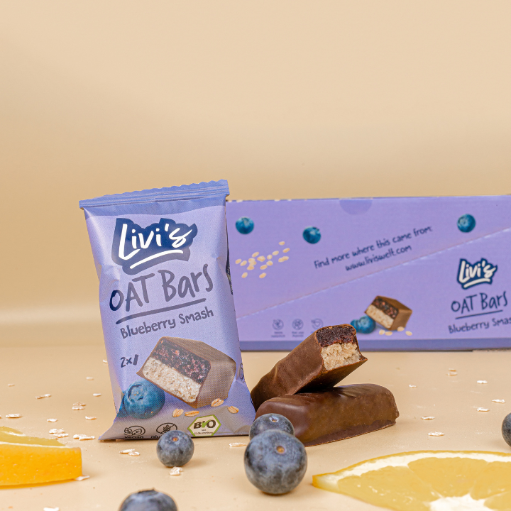 Livi's - Venta al por mayor Barrita de aperitivo - Barra de avena orgánica Blueberry Smash con chocolate oscuro1