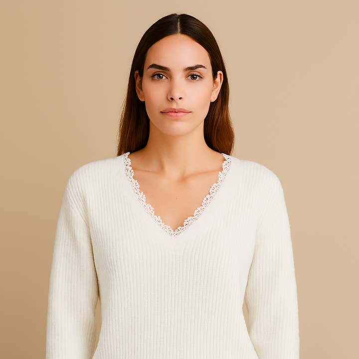 Ribbed knit sweater with lace details AP130 and other Purchase Wholesale vêtements. Free Returns & Net 60 Terms on Faire trending on Faire.