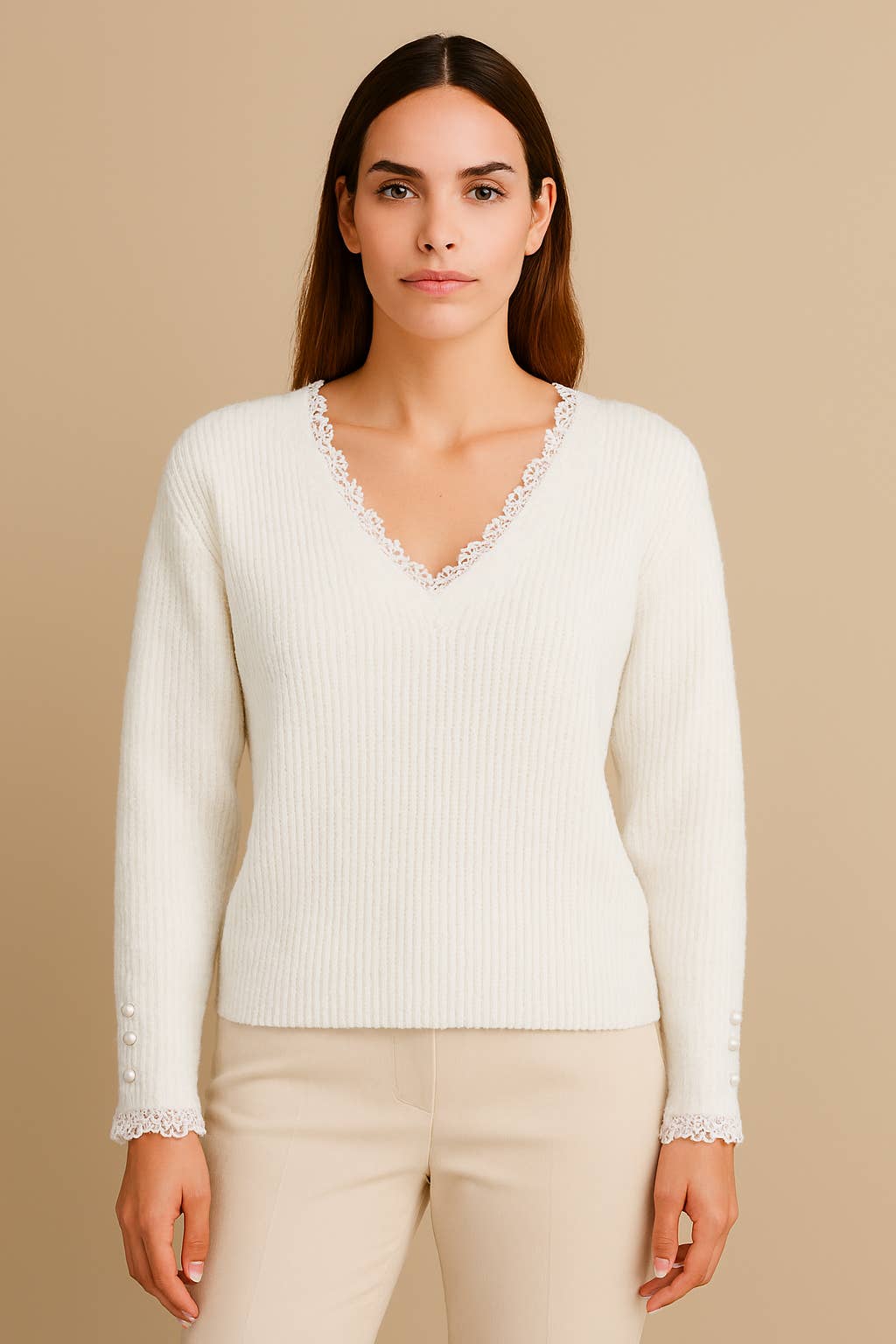 Afinity - Vendita all'ingrosso Maglione tricot - Donna - Maglione in maglia a coste con dettagli in pizzo AP130