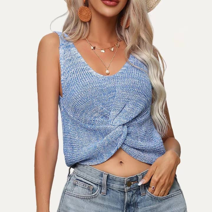 Trendy Light Blue Knot Front Cropped Sleeveless Tank Top for wholesale by The Moment Collection