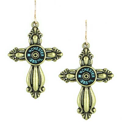 FR3626 Brass_Patina Filigree Cross Winchester Bullet Earring for wholesale by 0011 PREMIERE