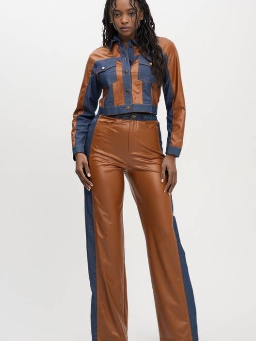 Plus Two-Tone Faux Leather & Denim Set for wholesale by J2 FASHION