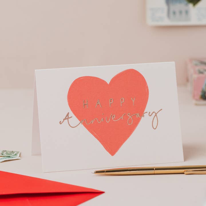 'Happy Anniversary' Red Heart Card with Rose Gold Foil Card for wholesale by Oh Squirrel