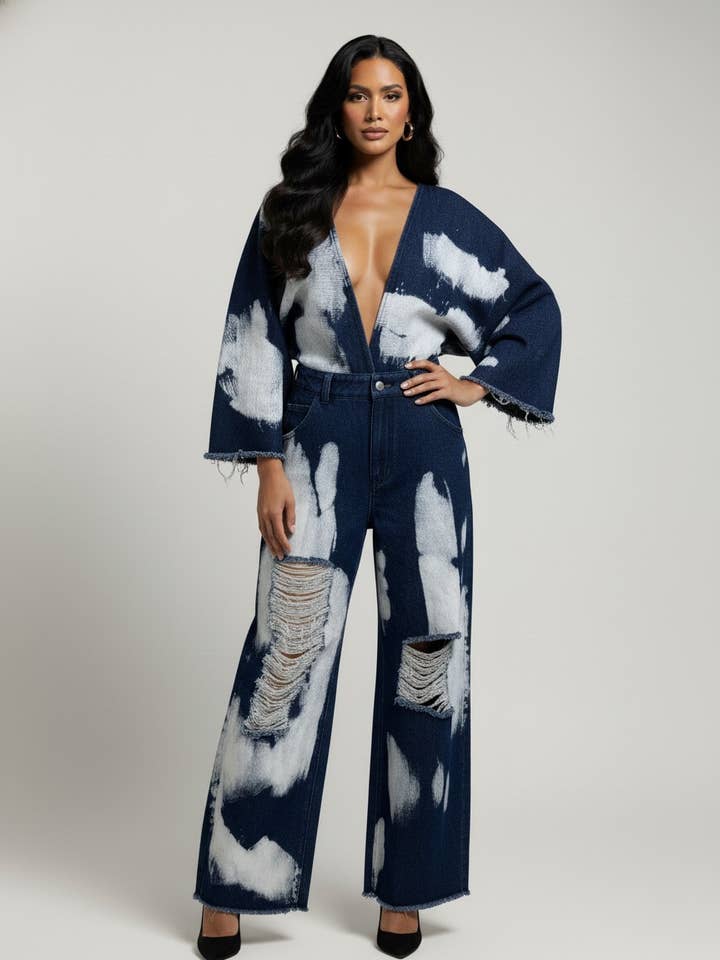 PLUS SIZE Deep V Bleach Denim Jumper for wholesale by Athina Collection