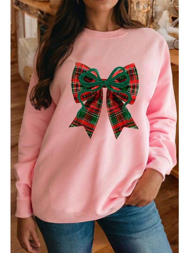 Pink LDC Plaid Bow Christmas Vibe Print Sweatshirt for wholesale on Faire2