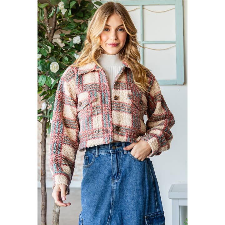 Veveret - Wholesale Jacket - Women's - Plaid Sherpa Short Button Jacket31
