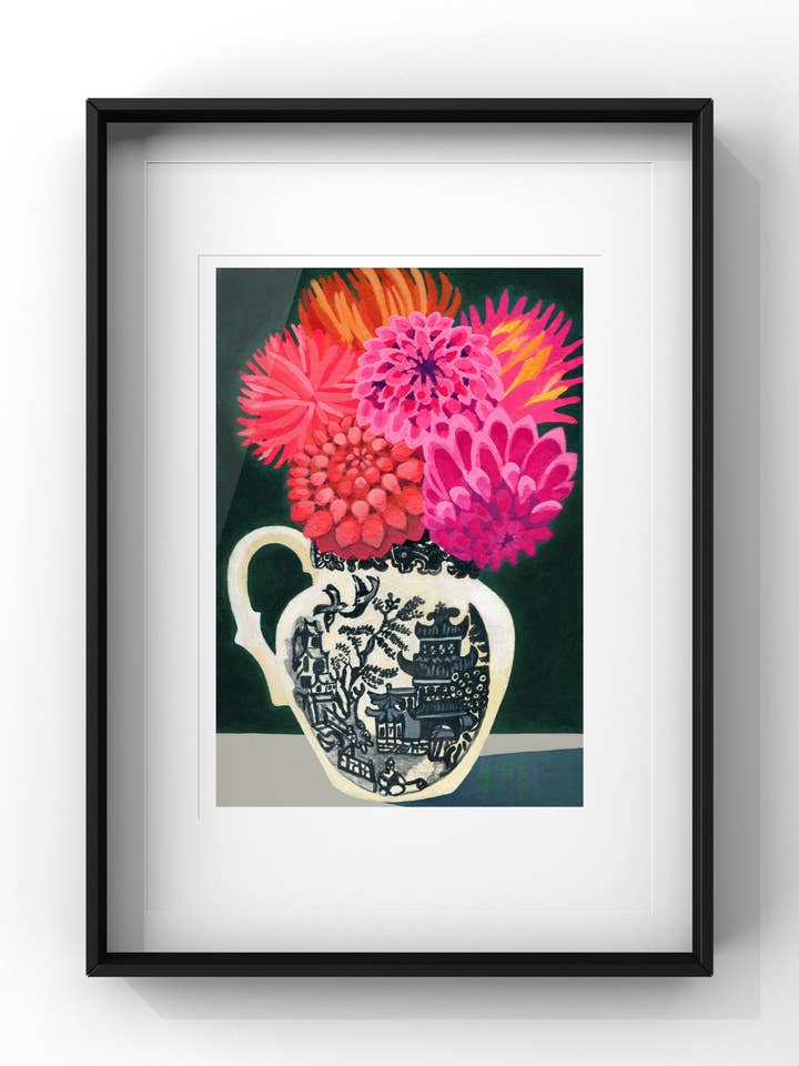Dahlias in Willow Jug Print by Susie Hamilton for wholesale by Susie Hamilton Art