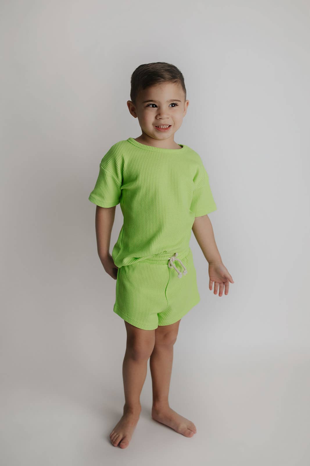 Three Little Tots – wholesale Top & short set – Kids – Lime Green Summer Waffle Toddler Top & Bottom Set4