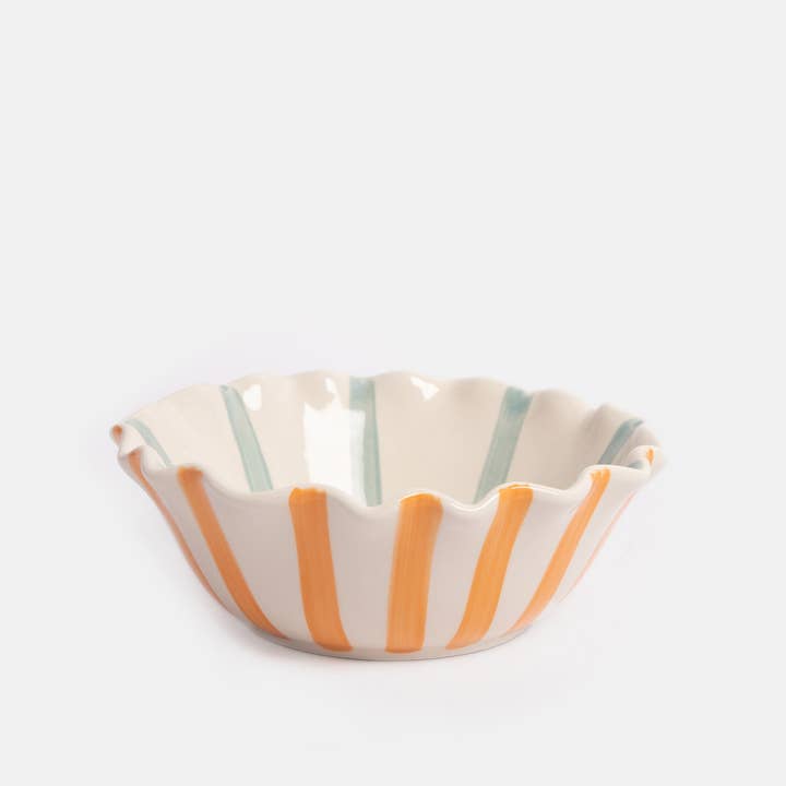 Orange/Blue Inside & Outside Stripe Frilly Bowl for wholesale by Caroline Gardner