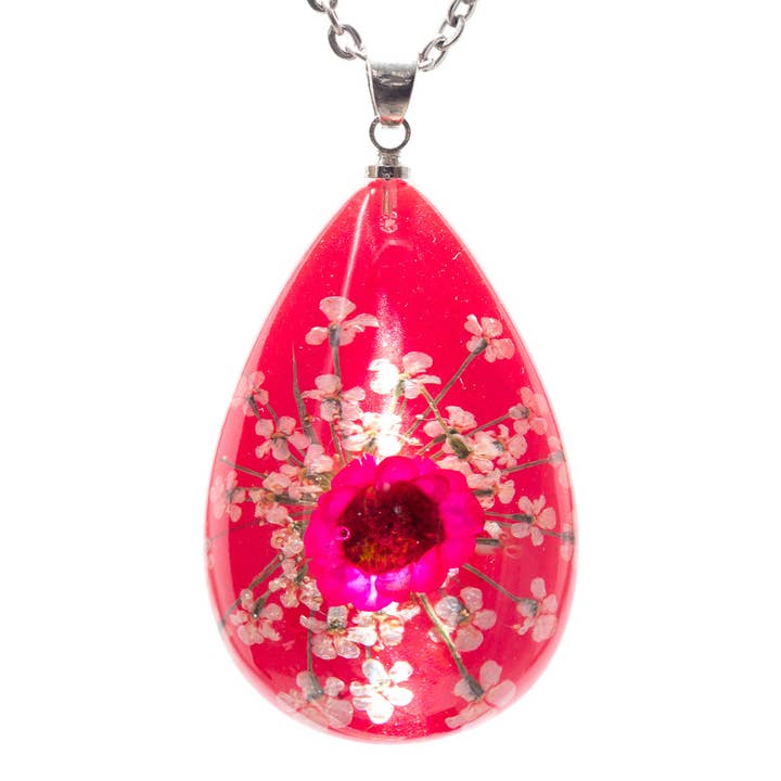 Flower Necklace Orb Bea Pink-White for wholesale by Hanami Real Flower Jewelry