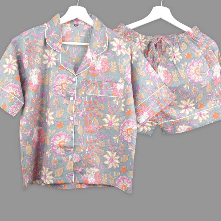 Short Cotton PJ Set With Pouch -Grey With Multi Floral for wholesale by Kantha Decor
