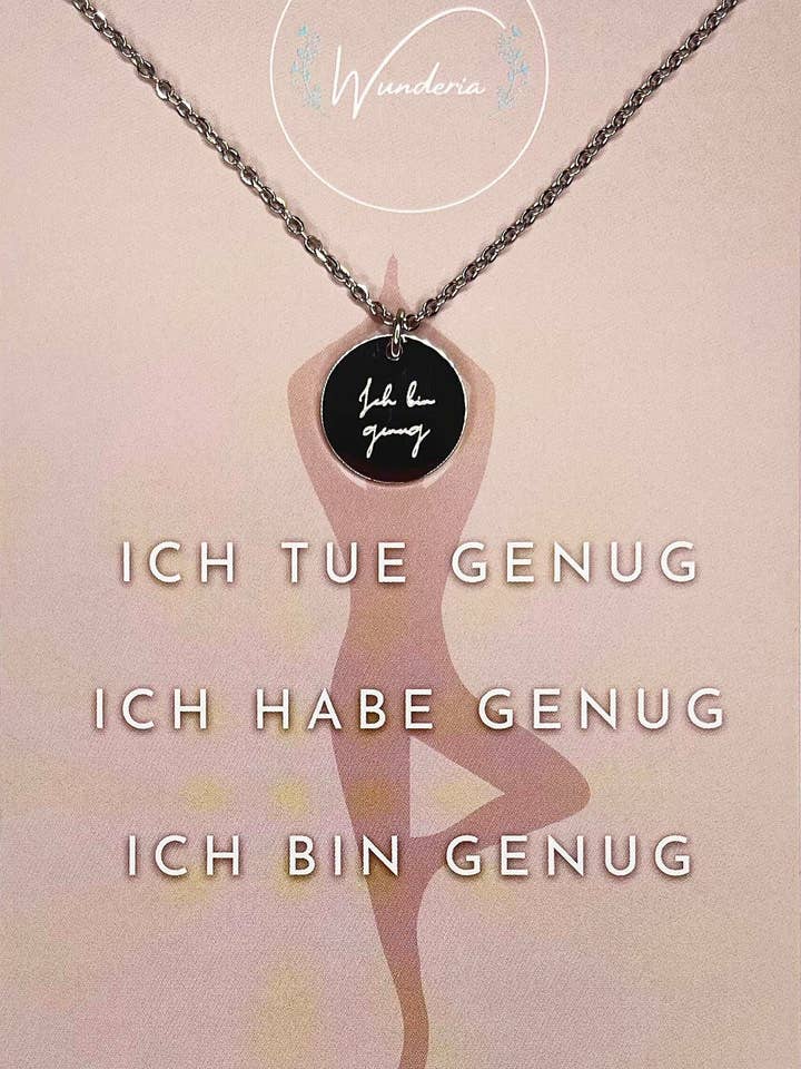 Collana con medaglia incisa 'I am enough' in acciaio inox argento per la vendita all'ingrosso da parte di Wunderia