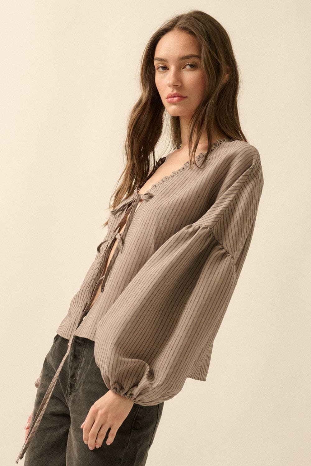 Promesa USA - Wholesale Blouse - Women's - Tonal-Stripe Tie-Front Balloon-Sleeve Top10