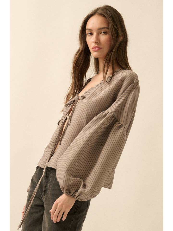 Promesa USA - Wholesale Blouse - Women's - Tonal-Stripe Tie-Front Balloon-Sleeve Top10