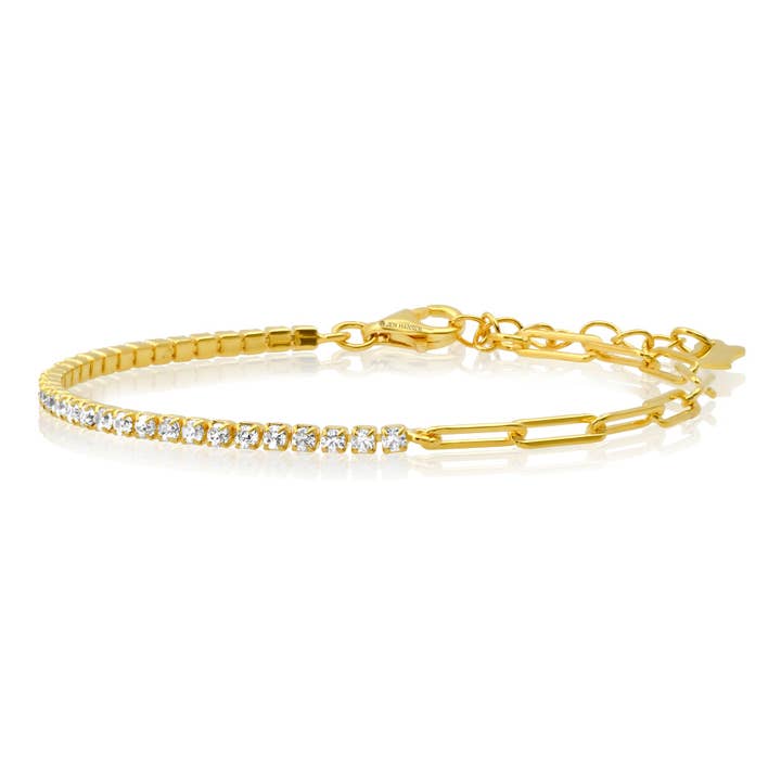 HALF & HALF PAPERCLIP CZ TENNIS BRACELET, GOLD for wholesale by JEN HANSEN