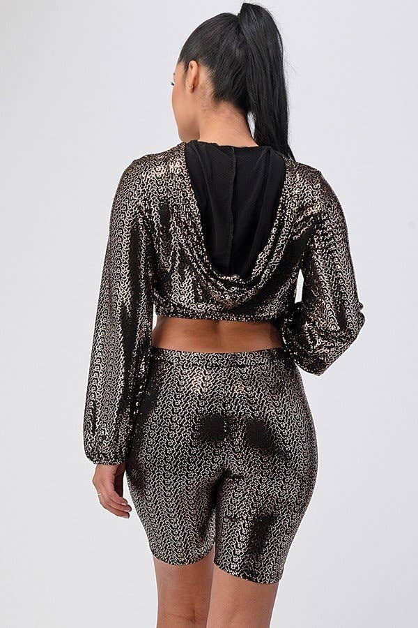 Guld Lurex hættetrøje langærmet crop top og biker kort sæt1297sæt for engroshandel på Faire4