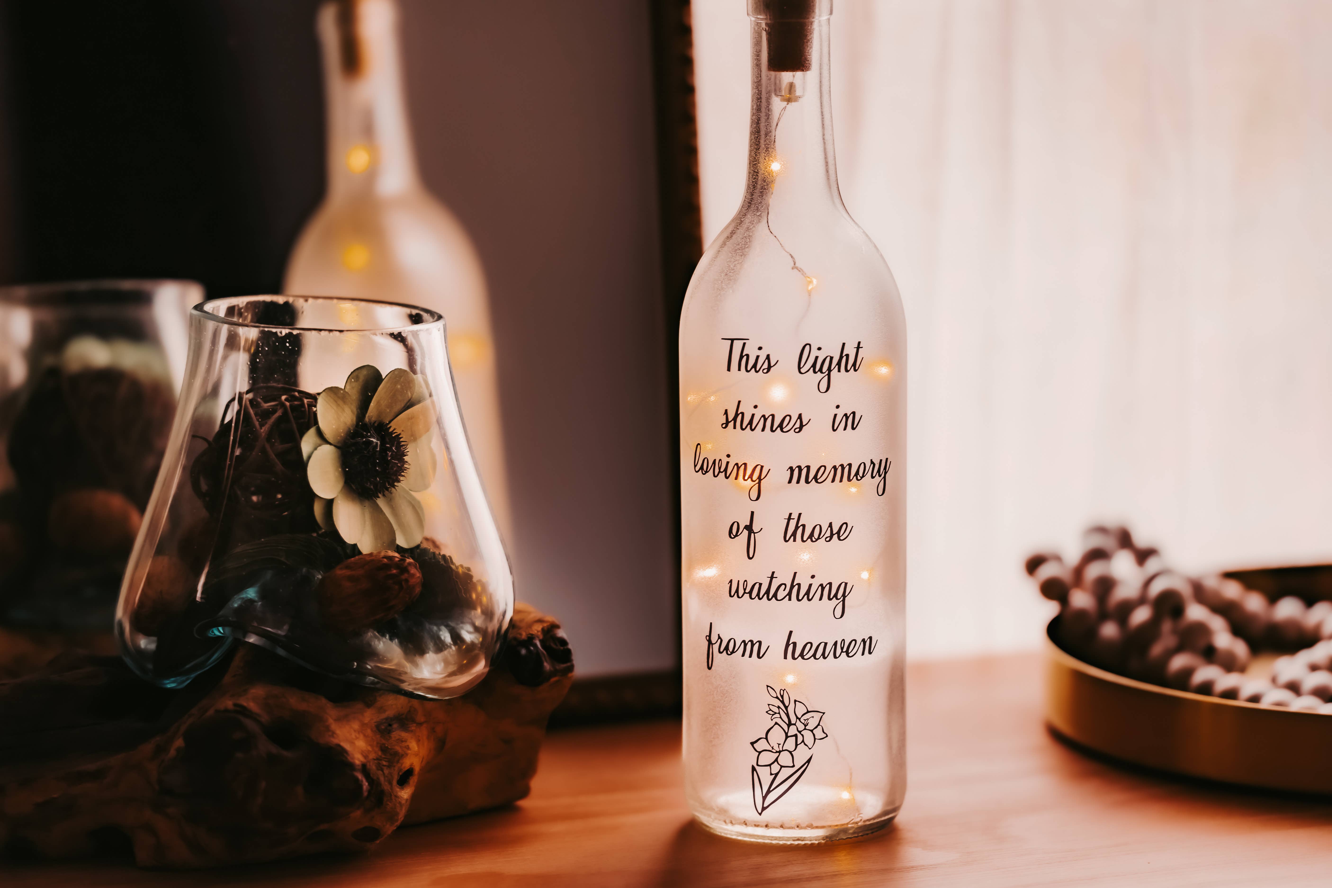 Firefly Home Designs - Wholesale Decorative Tabletop Object - Memorial Wine Bottle Light, Bereavement Gift, Remembrance1