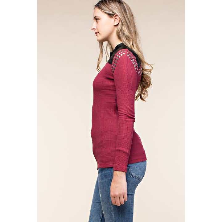 BURGUNDY FAUX LEATHER BIKER JACKET WITH STUDS for wholesale on Faire3