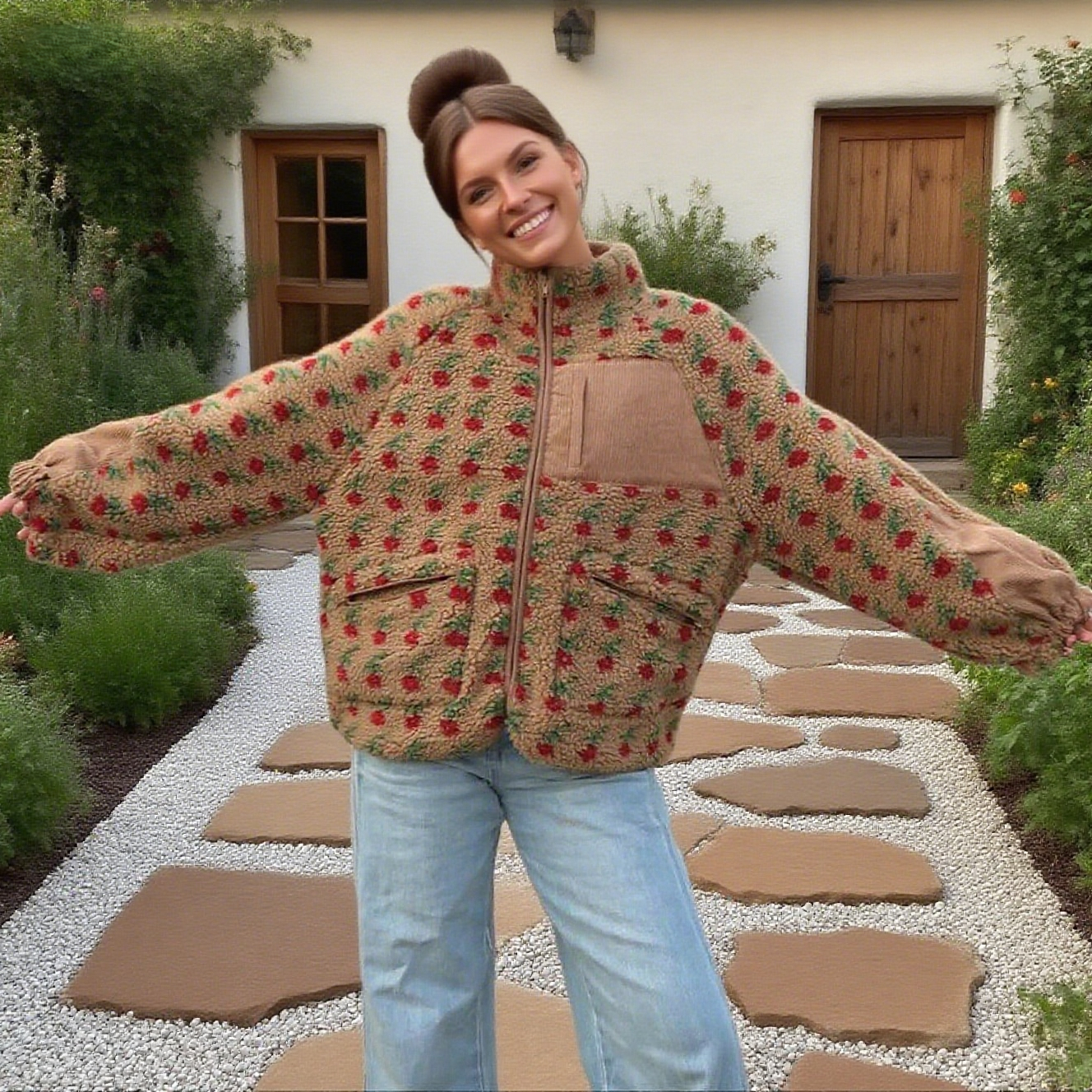 Rosa Clothing - Wholesale Jacket - Women's - Vintage Boho Tulip Floral Print Sherpa Fleece Jacket9