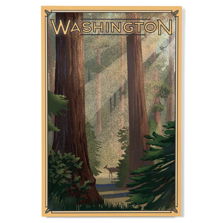 INSEGNA IN LEGNO PREMIUM Washington, Cervo nella Foresta, Litografia per la vendita all'ingrosso da parte di Lantern Press