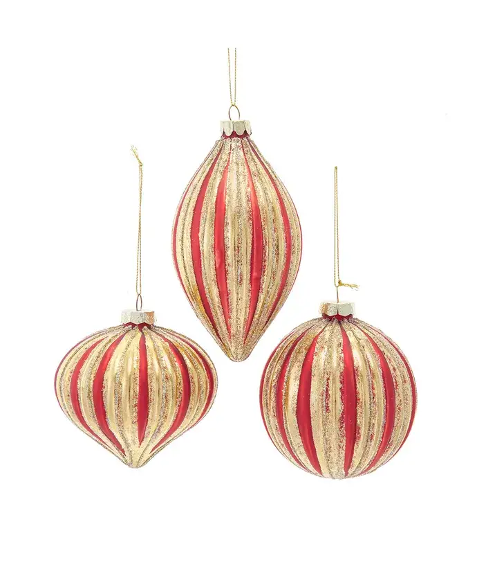 Kurt S. Adler, Inc. - Wholesale Ornament - 4" R/Go Vert Striped Ball/Drop/Onion 3 Assorted0