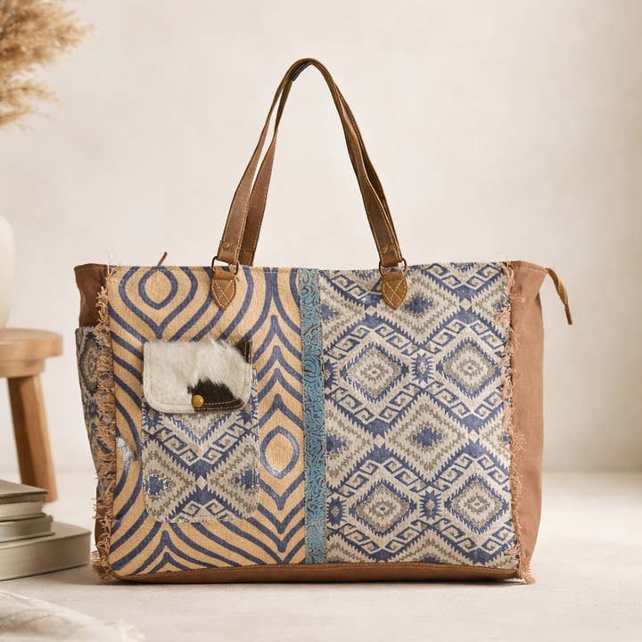 Blue Upcycled Canvas & Leather Weekender Bag | Handmade for wholesale by Hopofly Bags