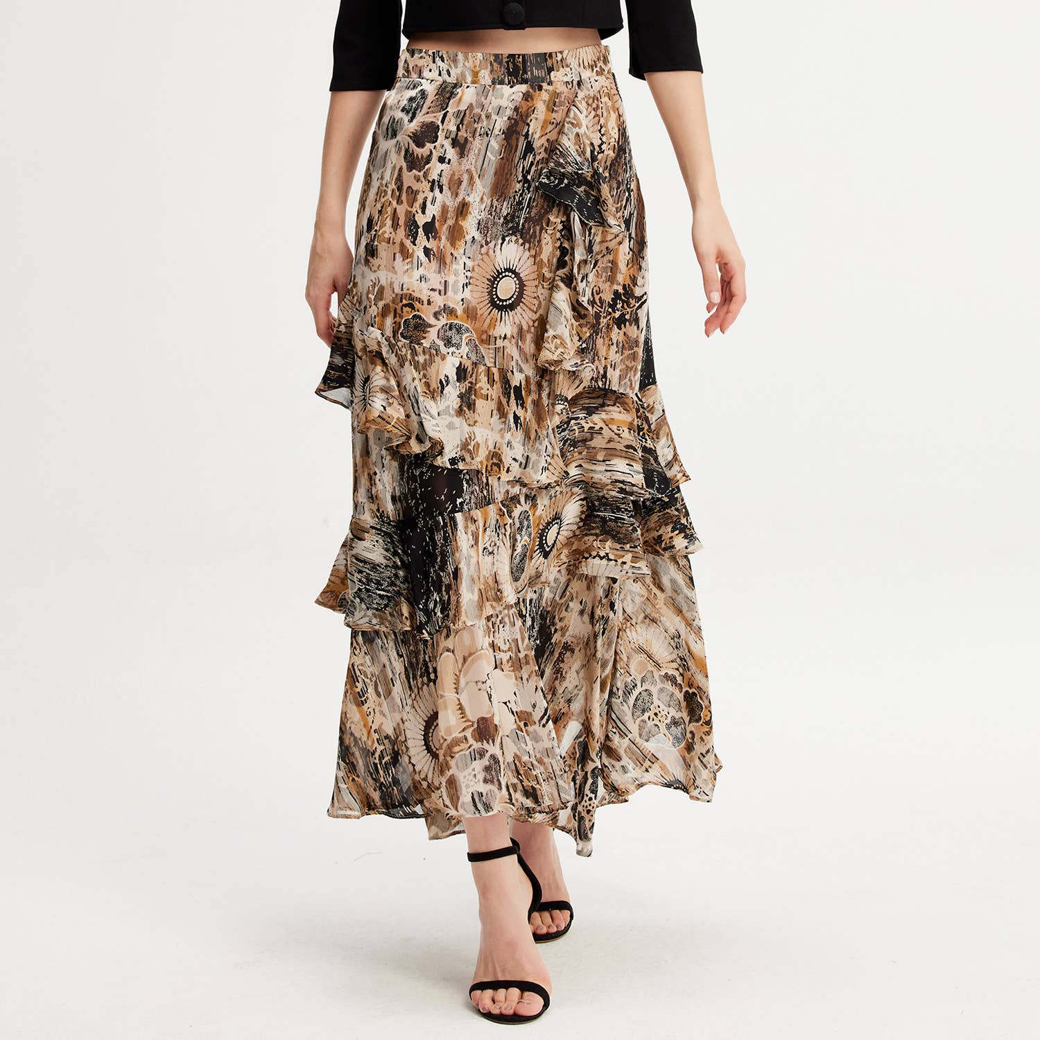 Smart and Joy - Wholesale Skirt - Women's - Long chiffon skirt with ruffles and graphi floral print1