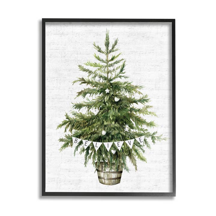 Holiday Green Fir Tree with Believe Phrase Black Framed for wholesale by Stupell Industries